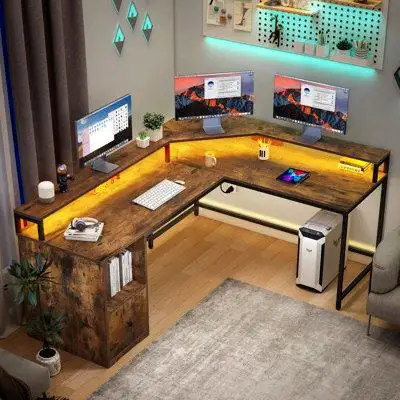 Trent Austin Design Monge L-Shape Wood Corner Desk Computer Table with LED Light & Power Outlets