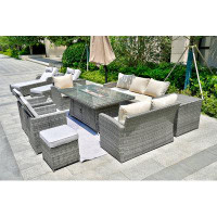 Moda Furnishings Flowers Gas Fire Pit Dining Table With Corner Sofa Set,  2 Back Folding Chairs 2 Ottomans, 2 Sun Lounge