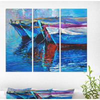 East Urban Home 'Blue Boats in Ocean Blue' Oil Painting Print Multi-Piece Image on Wrapped Canvas