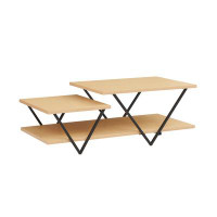 Latitude Run® 48 Inch 2 Tier Top Coffee Table With Bottom Shelf, V Shape Black Metal Legs, Light Maple Wood