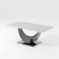 Brayden Studio 71"Modern Minimalist White Dining Table For 6,With Rectangular Sintered Stone Tabletop, Crescent Moon Sha