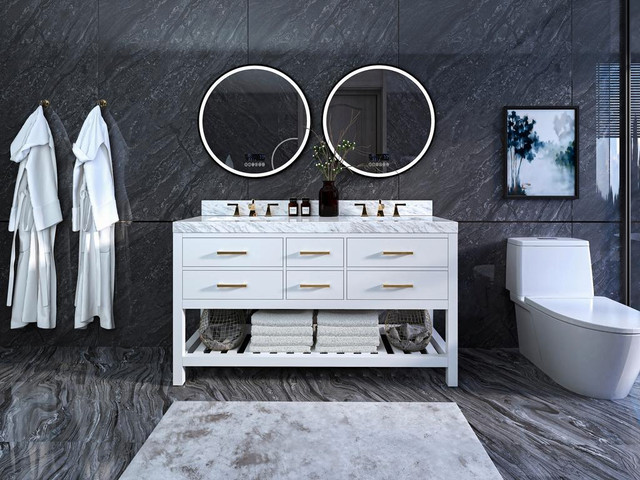 60 Inch Elizabeth Bathroom Vanity with Double Sink and Carrara White Marble Top Cabinet Set in 4 Finishes  ANC in Cabinets & Countertops - Image 4