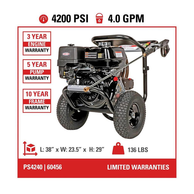 SIMPSON PS4240 HONDA GX390 POWERSHOT 4200 PSI @ 4.0 GPM PRESSURE WASHER + SUBSIDIZED SHIPPING + 1 YEAR WARRANTY in Power Tools - Image 2