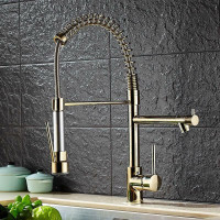Luxury Single Hole Pull out Sprayer w Dual Spout Kitchen Faucet ( Solid Brass in Gold Finish ) with Pot Filler