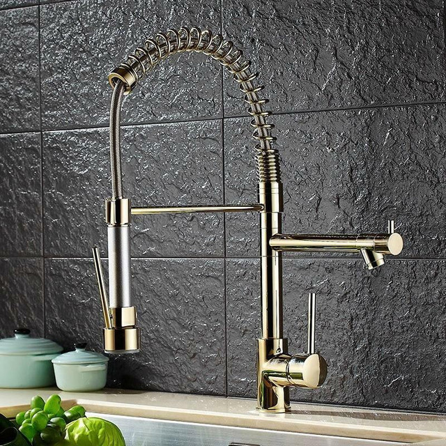 Luxury Single Hole Pull out Sprayer w Dual Spout Kitchen Faucet ( Solid Brass in Gold Finish ) with Pot Filler in Plumbing, Sinks, Toilets & Showers