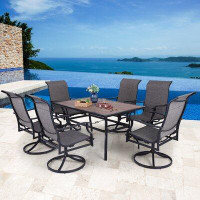 Lark Manor 7 Pieces Patio Dining Set With Wood-like Table And 6 PVC-coated polyester Swivel Chairs