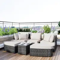 Latitude Run® 6-Piece Patio Outdoor Conversation Round Sofa Set, PE Wicker Rattan Separate Seating Group With Coffee Tab