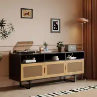 Bay Isle Home™ Anwesha Retro Rattan Console Table 3-door TV Stand Media Console with Open Shelves for TV Stand