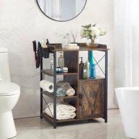17 Stories Haslom Bathroom Floor Cabinet Freestanding Wood Storage Cabinet with Power Outlet Storage Organizer