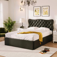 Red Barrel Studio Bed Frame With 4 Storage Drawers,Leather Upholstered Platform Heavy Duty Bed,Wood Slat Support