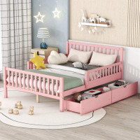 Harriet Bee Full Size Wood Platform Bed With Guardrails On Both Sides And Two Storage Drawers ,Pink