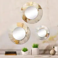 East Urban Home Beige And Gold Dream Collage - Round Mirror On Glossy Abstract Shapes Metal Art Print Set Of 3