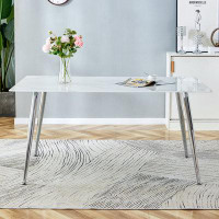 Wrought Studio Modern Minimalist Rectangular Dining Table With 0.4 Inch White Imitation Marble Tabletop And Silver Metal