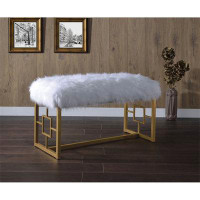 Everly Quinn Viridian II Bench In White Faux Fur & Gold