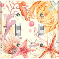 WorldAcc Metal Light Switch Plate Outlet Cover (Sea Horse Crab Star Fish Coral White  - Double Toggle)