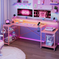 The Twillery Co. Platte 71.5''Pink LED Gaming Desk With Power Outlet, L-Shaped Work Desk With Monitor Stand & Shelves