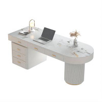 Recon Furniture 70.87" White Half-Circle Sintered Stone Iron Manufactured Wood Desk,5-drawer