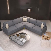 Mercer41 L-shaped Corner Sectional Technical Leather Sofa With Pillows,beige