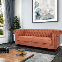 Canora Grey Light Brown Half Genuine Leather Chesterfield Style Sofa Couch 3-Seater With Cushions