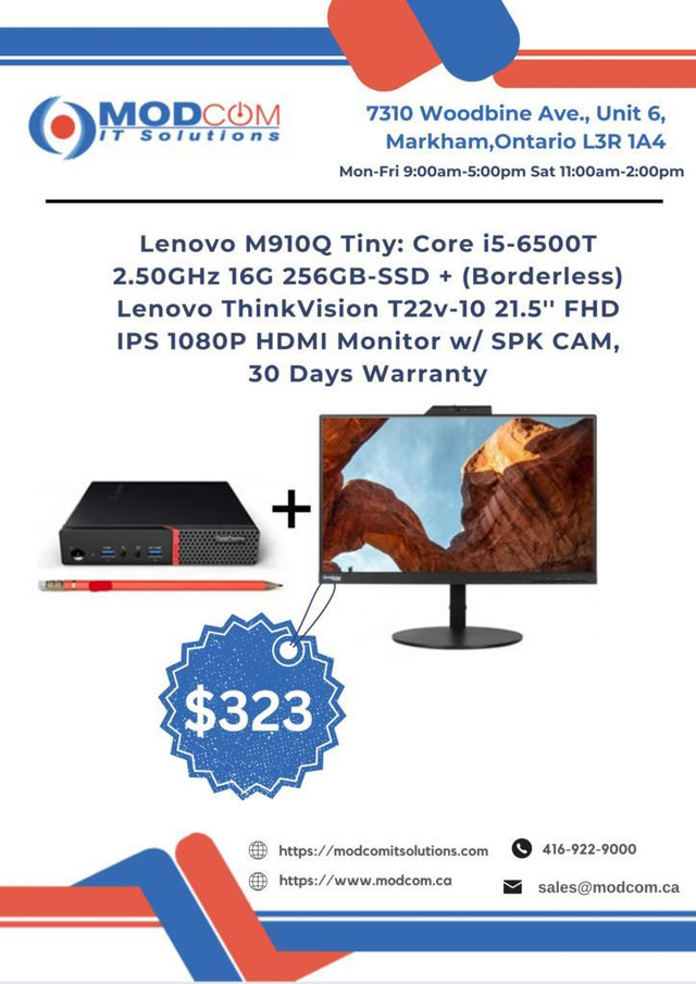 PC OFF LEASE Lenovo M910Q Tiny Core i5-6500T 2.50GHz 16G 256GBSSD + Borderless Lenovo ThinkVision 21.5 Monitor For Sale in Desktop Computers