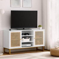 Bay Isle Home™ 47 Inch Mid Century Modern White TV Stand With Adjustable Shelf, Rattan TV Stands, Entertainment Cabinet,