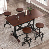Williston Forge Rustic Brown 5-piece Dining Set With Adjustable Chairs & Stabilized Bar Table For Space Efficiency