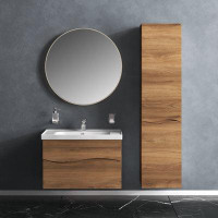 Orren Ellis Modern Wall Mounted Bathroom Vanity With Washbasin | Wave Teak Natural Collection With Side Vanity Cabinet |