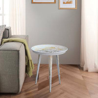 Everly Quinn 20 Inch Artisanal Industrial Round Tray Top Iron Side End Table, Tripod Base, Distressed White, Gold