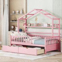 Harper Orchard Wooden Twin Size House Bed With 2 Drawers,Kids Bed With Storage Shelf, Pink
