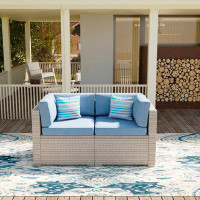 Rosecliff Heights Outdoor Sectional 2-Piece Wicker Sofa Chair In Warm Grey, W 2 Stripe Pillows, Denim Blue Cushions Eleg
