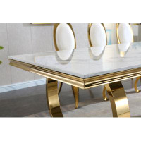 Everly Quinn Modern Rectangular White Marble Printing Dining Table, Double U-Shape Stainless Steel Base With Gold Mirror