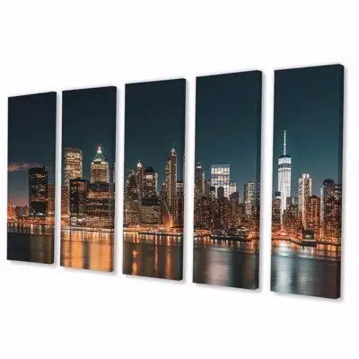 Ebern Designs Reflection Of New York City At Night - City New York Wall Decor - 5 Equal Panels