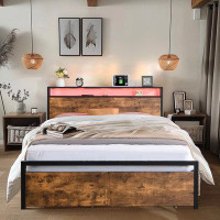 17 Stories Bed Frame with Storage Headboard and 2 Drawers, LED Lights Bed with Charging Station