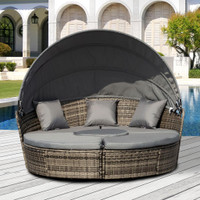 Rattan Round Sofa Bed w/ Canopy 68.9" x 70.9" x 57.9" Gray