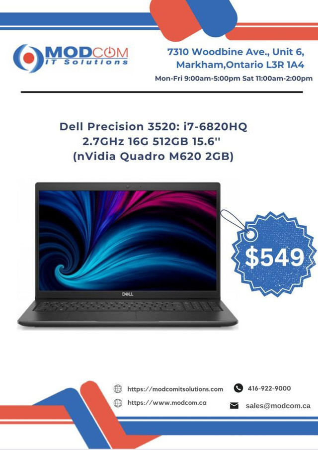 Dell Precision 3520 Laptop OFF Lease For Sale! Intel Quad Core i7-6820HQ 2.7GHz 16G 512GB 15.6 (nVidia Quadro M620 2G) in Laptops