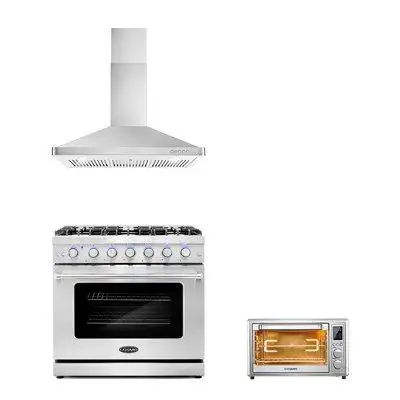 Cosmo 3 Piece Kitchen Package With 36" Freestanding Gas Range 36" Wall Mount Range Hood & 20" Electric Air Fryer Toaster