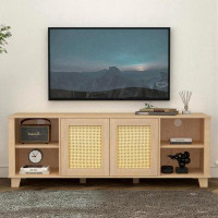 Bay Isle Home™ 64.4" Rattan TV Stand For 65/70 Inch TV Living Room Storage Console Entertainment Center,2 Open Doors