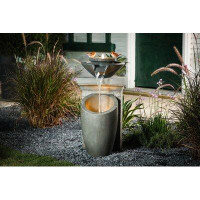 Red Barrel Studio Cement Modern Column And Bowls Outdoor Fountain With LED Light