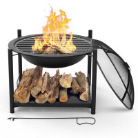 SereneLife Outdoor Wood Fire Pit - Steel BBQ Grill Fire Pit Bowl with Mesh Spark Screen, Cover Log Grate