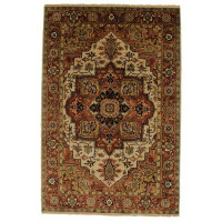 CaliComfy Handmade Medallion Traditional Indo Serapi 100% Wool on Cotton Beige Background Red Border - 5'11'' x 8'11''