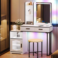 Orren Ellis Orren Ellis RGB Makeup Vanity Set With Wireless Charging Station,Vanity Table With USB&Type-C Ports,7 Dynami
