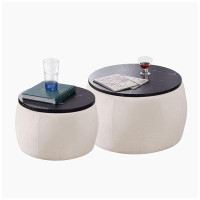 Ivy Bronx Set Of 2 Nesting Round Storage Ottoman, Coffee Table Footstool With MDF Cover For Living Room, Bedroom, Top F6