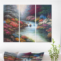 East Urban Home 'Flower Garden in River Side' Oil Painting Print Multi-Piece Image on Wrapped Canvas
