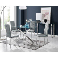 East Urban Home Lenworth Modern Chrome Metal and Glass Dining Table Set with 4 Luxury Faux Leather Dining Chairs