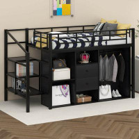 Harriet Bee Metal Loft Bed With Drawers, Storage Staircase And Small Wardrobe