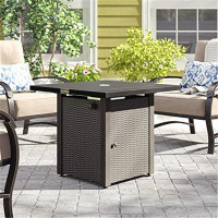 Creationstry 28In Outdoor Propane Fire Pit Table, 50,000BTU, Outside Gas Dinning Fire Table With Lid, Rattan & Wicker-Lo