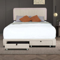 Ivy Bronx Queen Linen Upholstered Platform Bed with Adjustable LED Headboard and Drawers