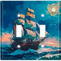 WorldAcc Metal Light Switch Plate Outlet Cover (Rustic Sea Ship Boat Blue Ocean Art - Double Toggle)