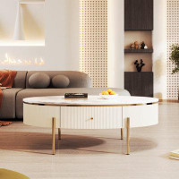 Mercer41 Oval Coffee Table, 2 Drawers, Off White, MDF, Elegant Design, Ample Storage, Durable