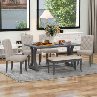 Red Barrel Studio 6-Piece Farmhouse Dining Table Set, Rectangular Trestle Table And 4 Upholstered Chairs & Bench For Din